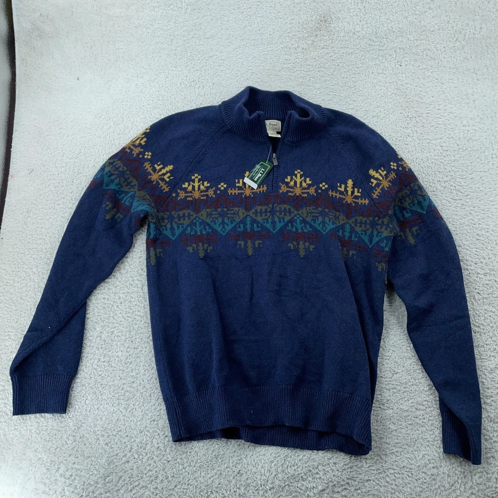 L.L. Bean Sweater Mens Small Navy 1/4 Zip Cashmere Blend Fair Isle Wicked Soft